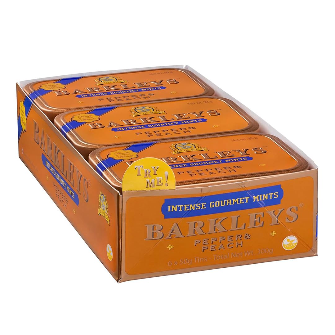 Barkleys Gourmet Pepper & Peach Mints - Vegan Mints in Reusable Tins, 6 Pack, 50 Count Each