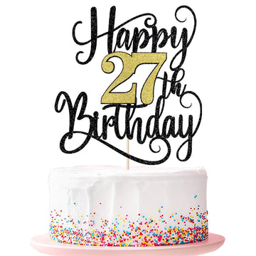 Happy 27Th Birthday Cake Topper, 27 Birthday Party Cake Decorations (Black And Gold Flashes, 27Th)