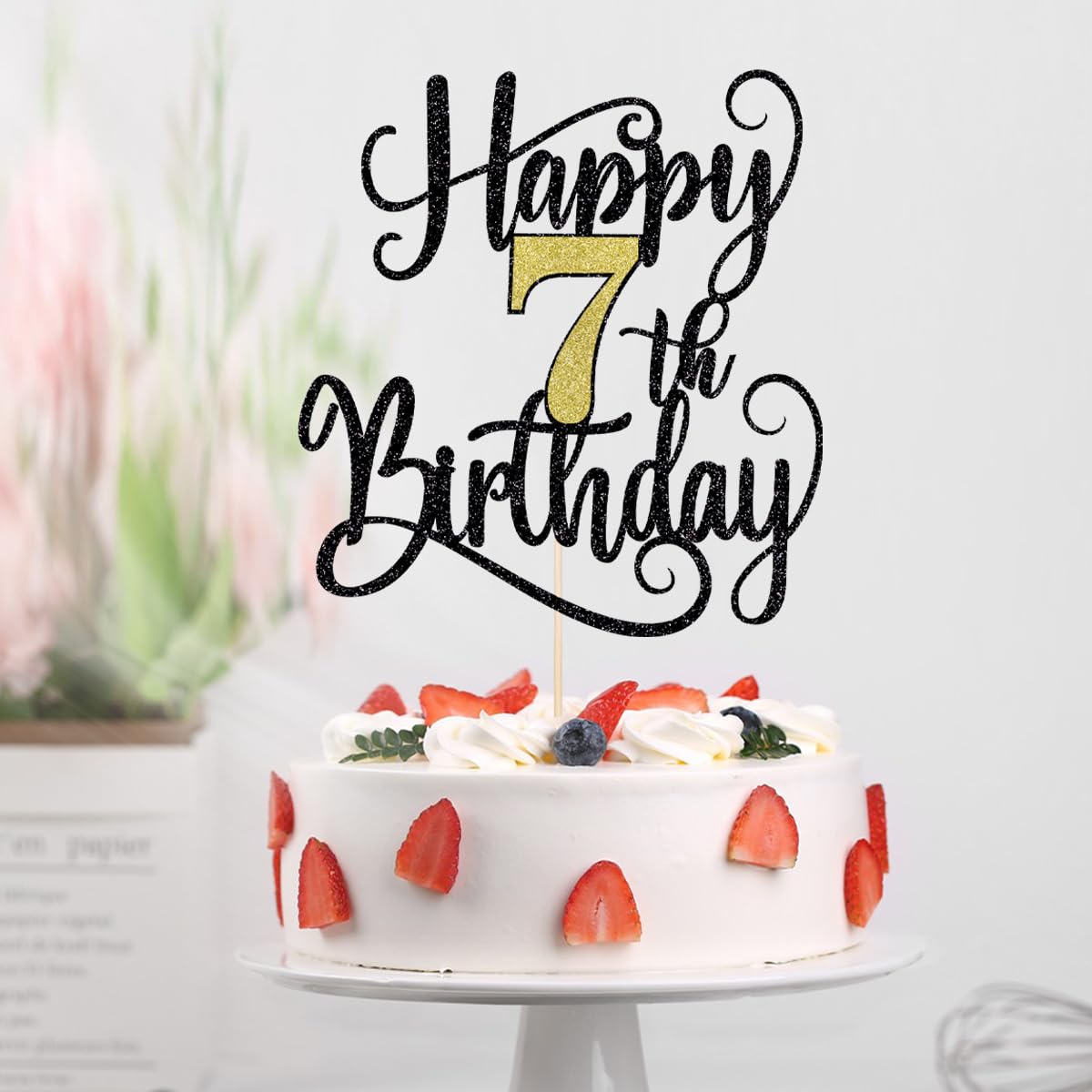 Happy 7Th Birthday Cake Topper, 7 Birthday Party Cake Decorations (Black And Gold Flashes, 7Th)
