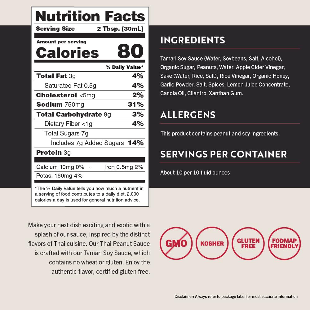 San-J - Gluten Free Thai Peanut Sauce -Traditional And Tasty Cooking Sauce - Non-Gmo - 10 Oz. Bottle