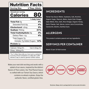 San-J - Gluten Free Thai Peanut Sauce -Traditional And Tasty Cooking Sauce - Non-Gmo - 10 Oz. Bottle