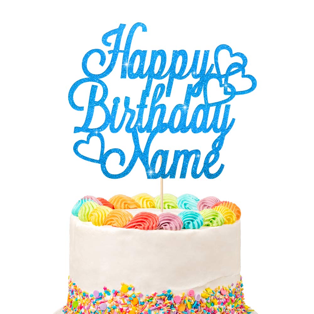 Personalized Happy Birthday Cake Topper | Customized Name Cake Decoration | Double Sided Glitter Card | Blue