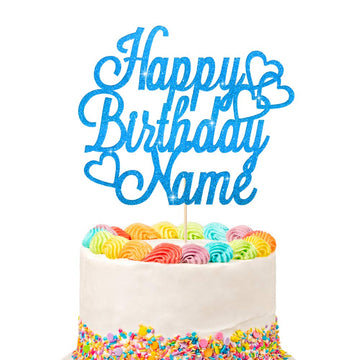 Personalized Happy Birthday Cake Topper | Customized Name Cake Decoration | Double Sided Glitter Card | Blue