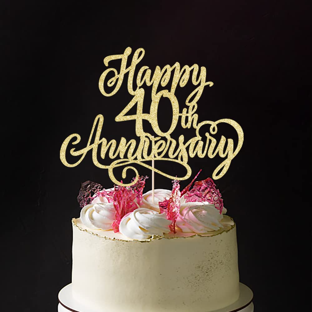 Arokippry Golden Glitter Happy 40Th Anniversary Cake Topper - Wedding Anniversary/Company Party / 40Th Birthday Party Decorations