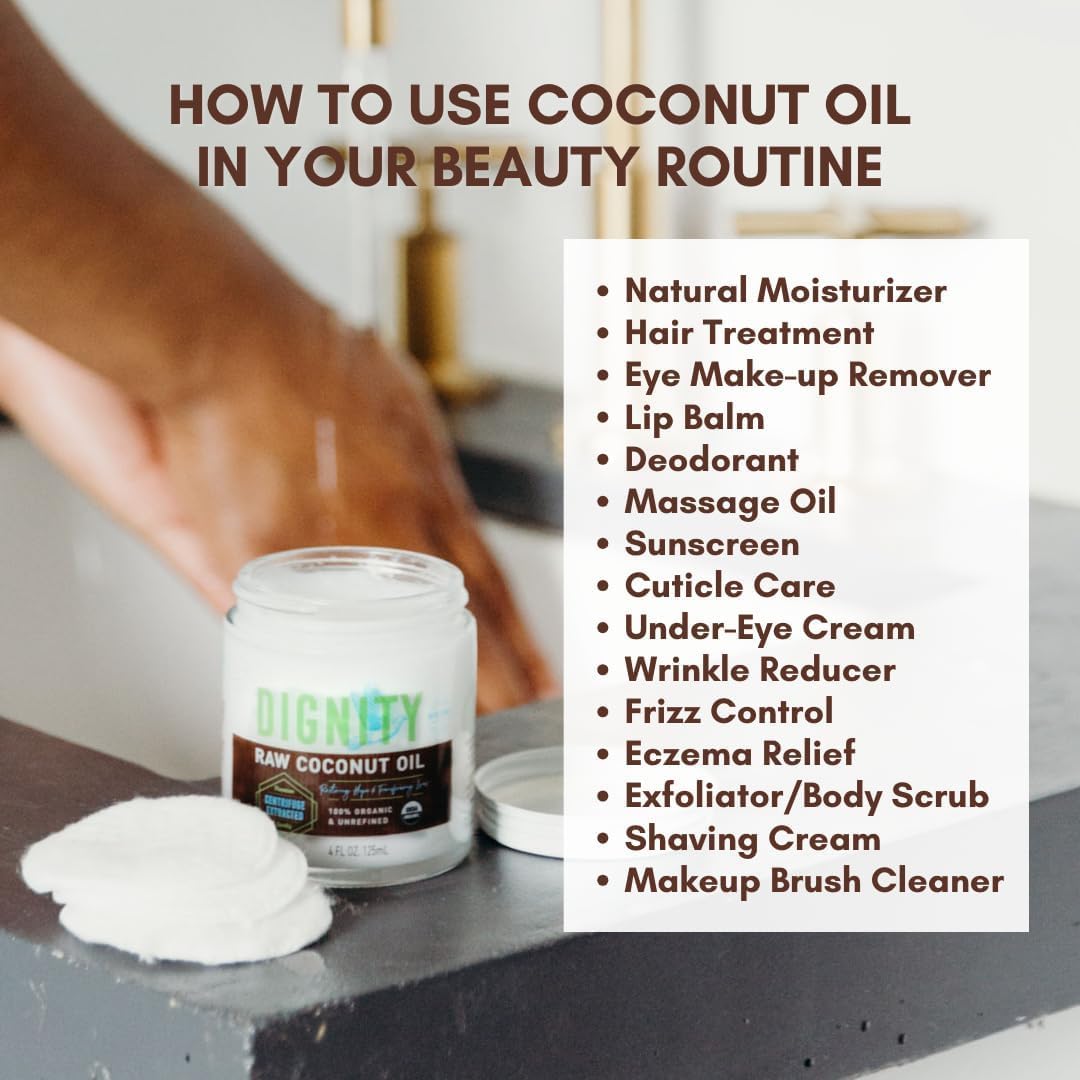 Dignity Coconuts Raw Coconut Oil - 100 Organic Unrefined Coconut Oil - 4 Fl Oz Glass Jar - Centrifuge Extracted