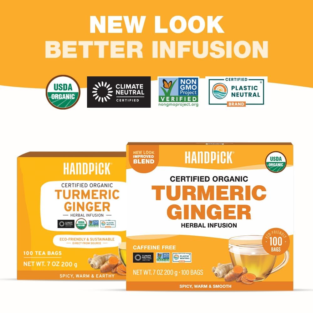 HANDPICK  Turmeric Ginger Tea  100 Eco-Conscious Tea Bags | Caffeine Free  Gluten Free | 100% Pure Herbal Blend - Savory & Spicy