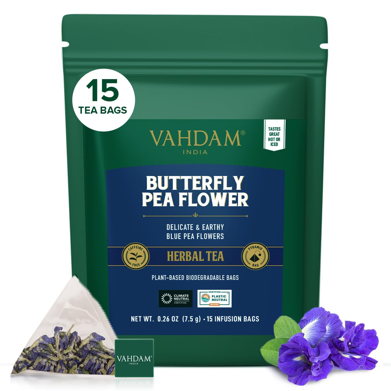 VAHDAM, Butterfly Pea Flower Tea Bags (15 Pyramid Tea Bags) Vegan, Non-GMO | Delicate & Earthy | Direct From Source - Plant Base