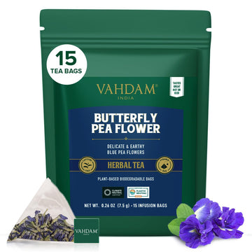 VAHDAM, Butterfly Pea Flower Tea Bags (15 Pyramid Tea Bags) Vegan, Non-GMO | Delicate & Earthy | Direct From Source - Plant Base