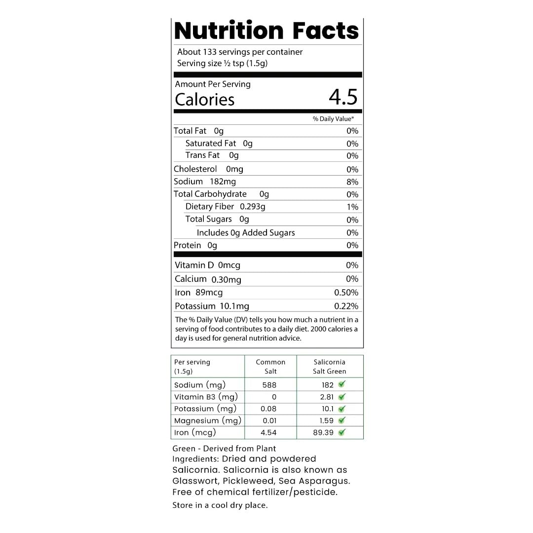 Saltwise Green Salicornia Salt, 50% Low Sodium, Plant Based Salt Substitute, Umami, Dehydrated Sea Beans (Samphire), 100% Natura