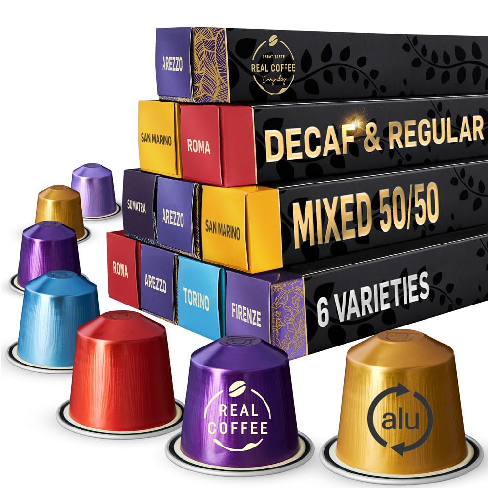 REAL COFFEE Coffee Capsules - 100 Premium Aluminium - 50 Decaf & 50 Caffeinated - Nespresso Compatible