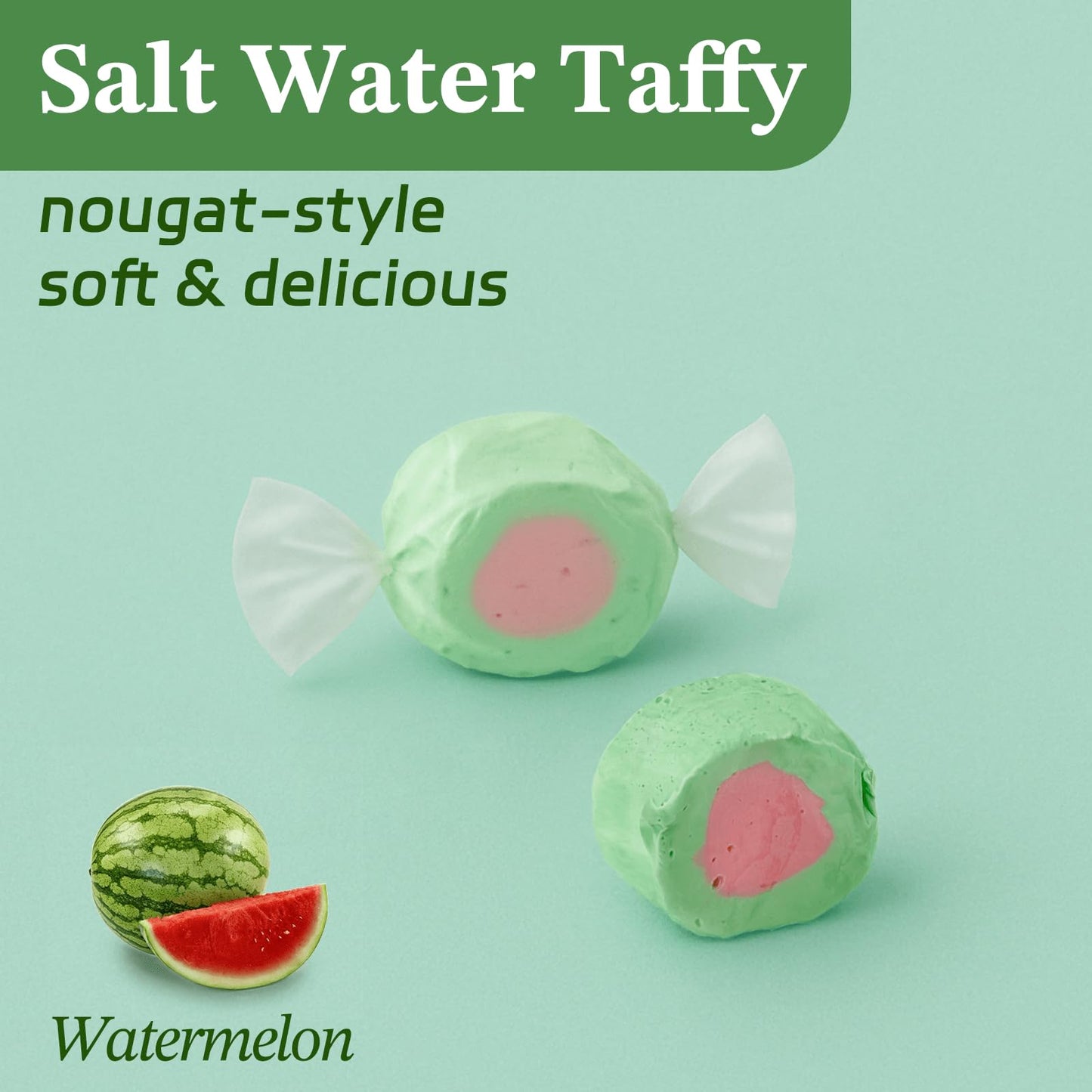 Watermelon Salt Water Taffy By Snack Attack, Individually Wrapped Bulk 1Lb Bag - Chewy Saltwater Taffy Candy, Classic Watermelon