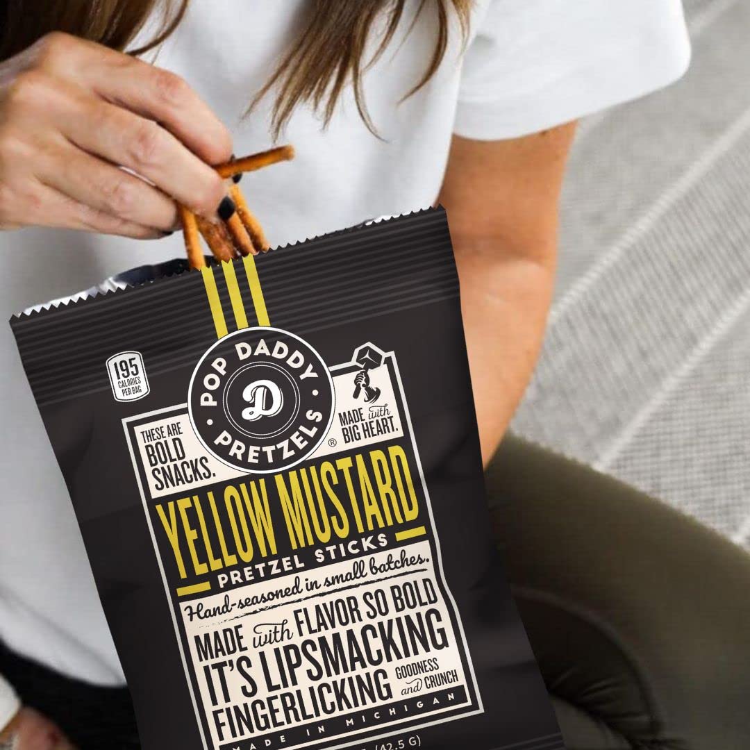 Pop Daddy Flavored Pretzels Sticks | Yellow Mustard Flavor | 3oz Healthy Gourmet Pretzels Snacks | 15 Pack