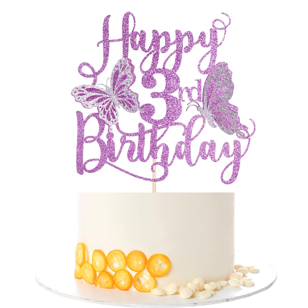 Kaoenla 3D Butterfly Cake Topper, Glitter Theme for 3rd Birthday, Purple Paper Decor