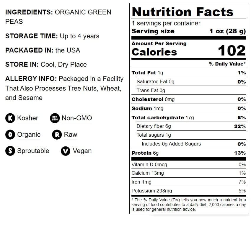 Food to Live Organic Whole Dried Green Peas, Non-GMO, 16 Ounce, Vegan, Kosher, Sproutable, Great for Soups and Salads
