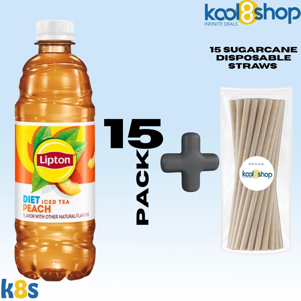 Lipton Diet Peach Iced Tea 16.9 Fl Oz Plastic Bottle 15 Pack + 15 Sugarcane Disposable Straws By Kool8Shop Infinite Deals