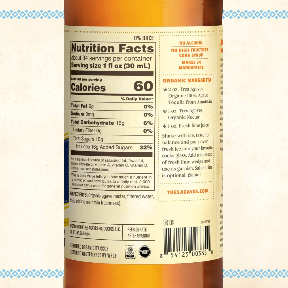 Tres Agaves Organic Agave Nectar - 100% Blue Agave Sweetener, Vegan, Gluten-Free, 750mL Bottle