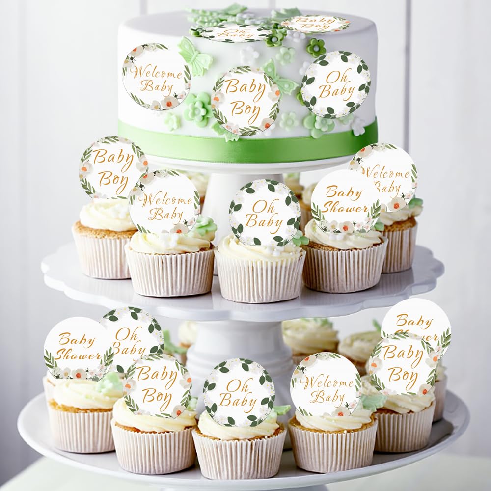 Fyeoxle 48 Pack Edible Baby Shower Cupcake Toppers Wafer Paper Jungle Leaves Oh Baby Wecome Baby Cupcake Picks Greenery Frames B