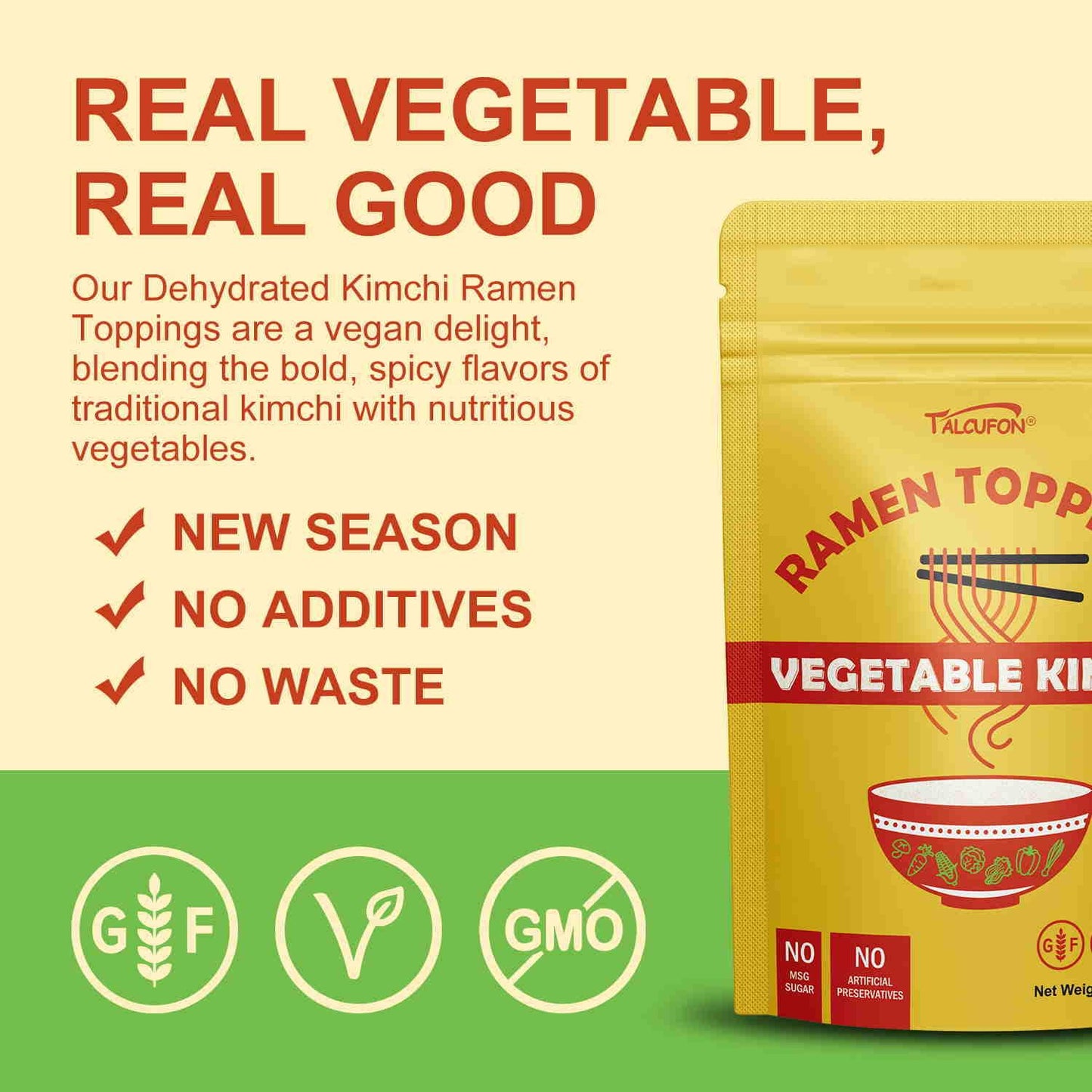 Talcufon Ramen Toppings 8 Oz Dehydrated Dried Kimchi Vegetable Flakes All Natural Vegan Gluten Free Allergen Free Ideal Topping
