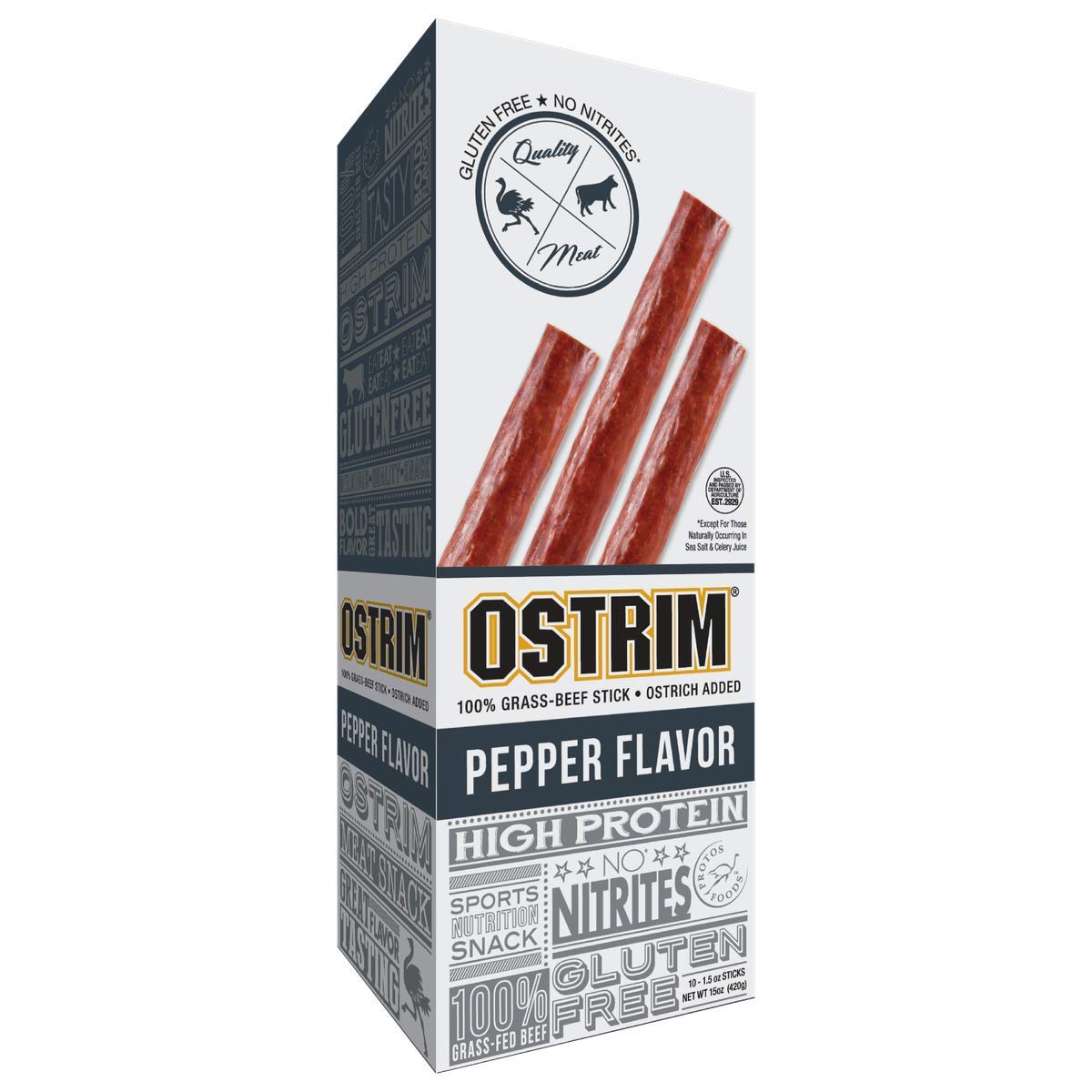 Ostrim Grass-Fed Beef & Ostrich Jerky Snack Sticks-Pepper Flavor, 1.5 Oz (Pack Of 10)
