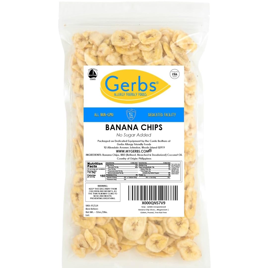 Gerbs Unsweetened Banana Chips 2 lbs. | Unsulfured, No Additives, Resealable Bag | Naturally Crisp & Mildly Sweet | Top 14 Aller
