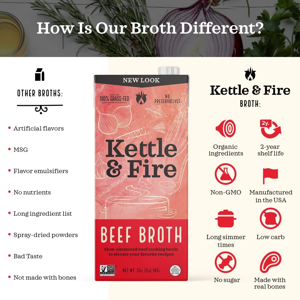 Kettle And Fire Beef Cooking Broth, Keto, Paleo, And Whole 30 Approved, Gluten Free, High In Protein And Collagen, 2 Pack (32 Ounces)
