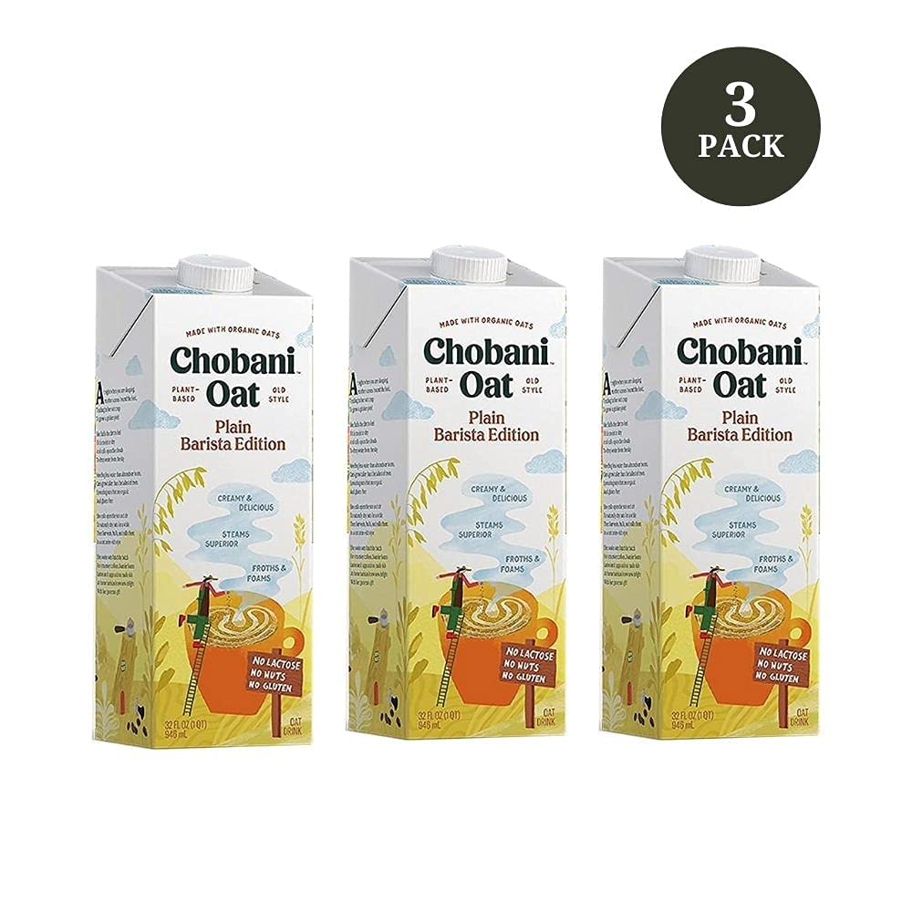 Chobani Oat Milk, Plain Oat Barista Edition, Shelf Stable Non Dairy Milk, Creamer, Vegan Friendly, Gluten-Free, 32 FL OZ (Pack-3