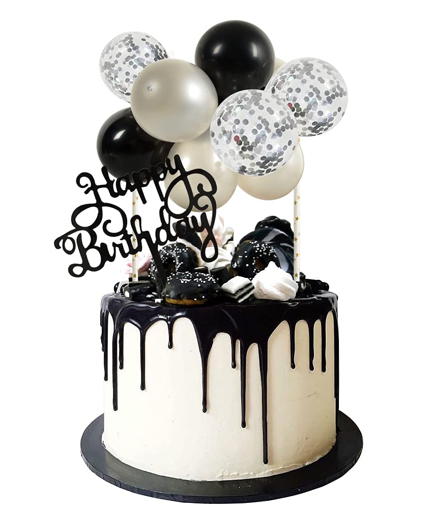 Beishida 5 Inch 10Pcs Balloon Cloud Cake Topper Silver Black Happy Birthday Cake Toppers Mini Balloon Cake Topper Garland With H