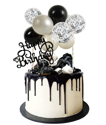Beishida 5 Inch 10Pcs Balloon Cloud Cake Topper Silver Black Happy Birthday Cake Toppers Mini Balloon Cake Topper Garland With H