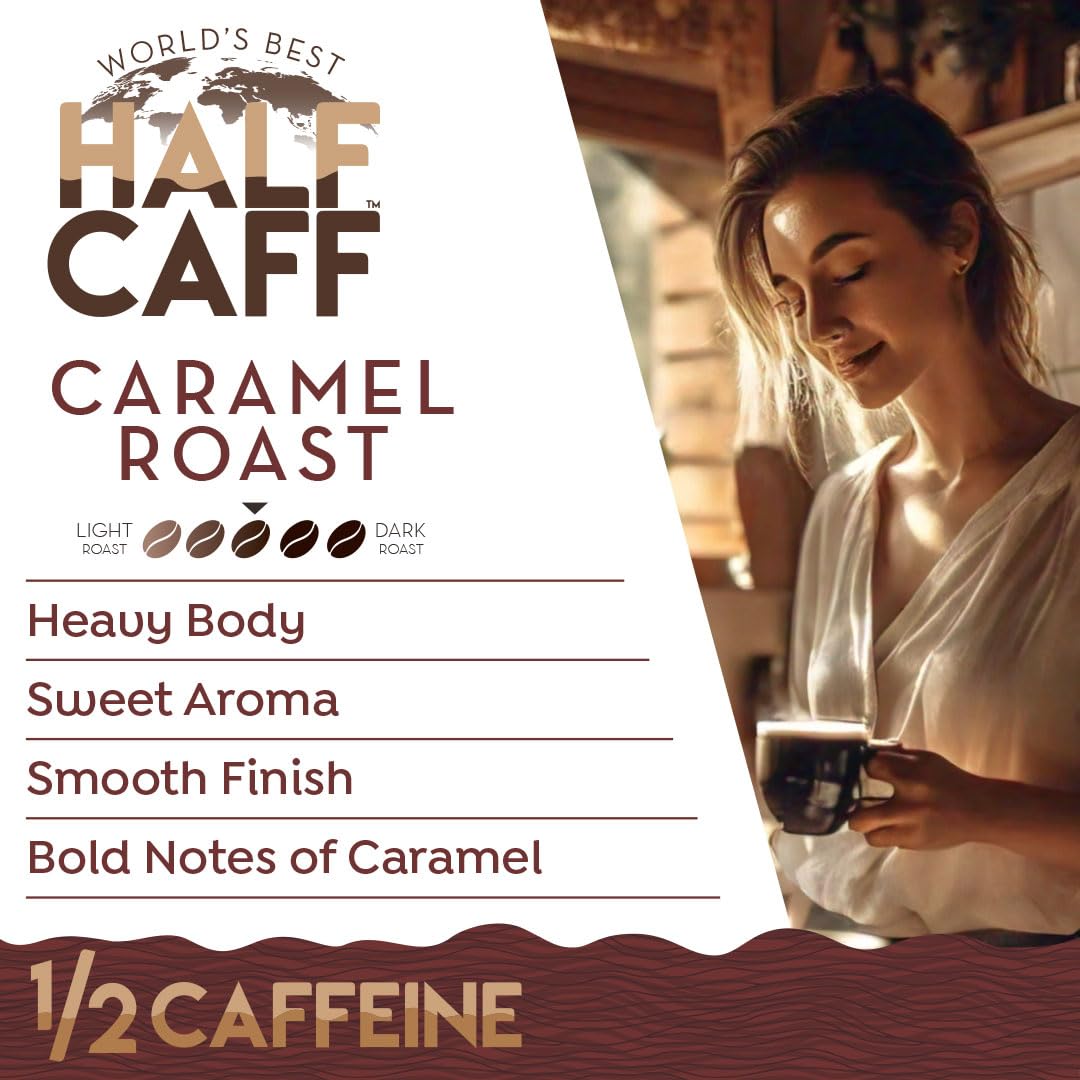 Worlds Best Half Caff Caramel Coffee Pods  18 ct  Medium Roast Flavored Coffee in Recyclable Single Serve Pods - 100% Arabica Beans  Compatible with Keurig K Cups Maker