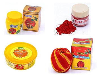 TOTA Pooja Set of Ghee Diya Batti | Roli Kumkum | Chandan Tilak Paste |Moli Kalawa Puja Items for Home (Total weight - 300 Gram)