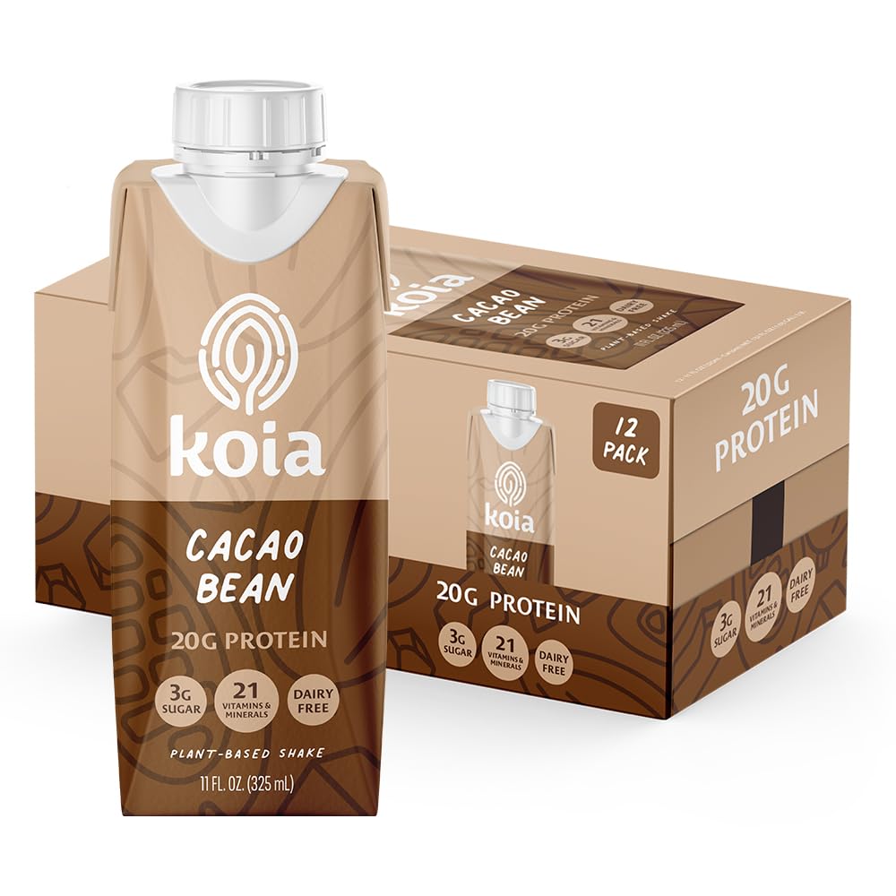 Koia Plant Based Protein Shake, Cacao Bean, 20g Protein, 3g Sugar, 6g Prebiotic Fiber, 21 Vitamins & Minerals, Meal Replacement 