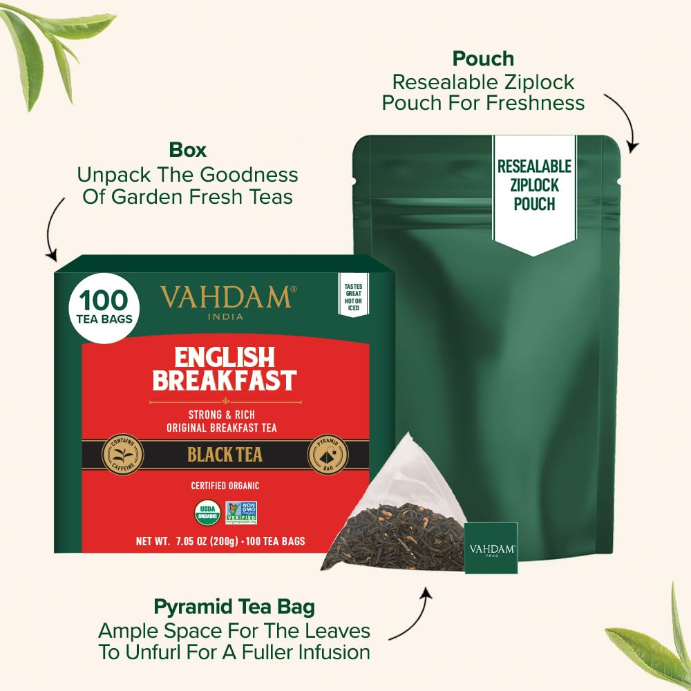 VAHDAM Organic English Breakfast Black Tea Bags - High Caffeine, Gluten Free, 100 Count Resealable Pouch