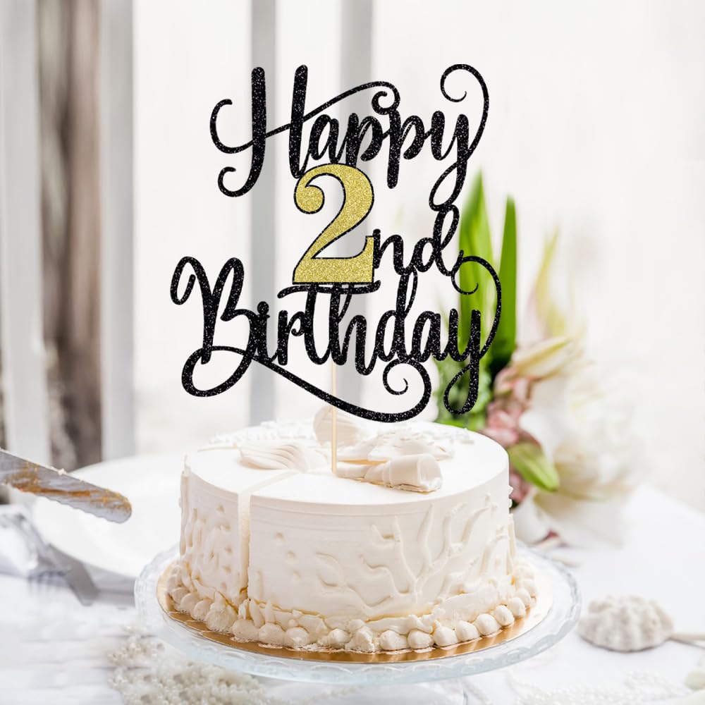 Happy 2Th Birthday Cake Topper, 2 Birthday Party Cake Decorations (Black And Gold Flashes, 2Nd)