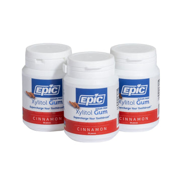 Epic Xylitol Chewing Gum - Sugar Free & Aspartame Free Chewing Gum Sweetened W/Xylitol For Dry Mouth & Gum Health (Cinnamon, 50-Piece Bottle, 3 Bottles)