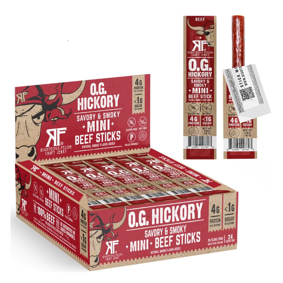 RIGHTEOUS FELON Beef Sticks Minis | Gluten Free, Low Sugar, High Protein | 0.5 Ounce (Pack of 24) | OG Hickory Flavor