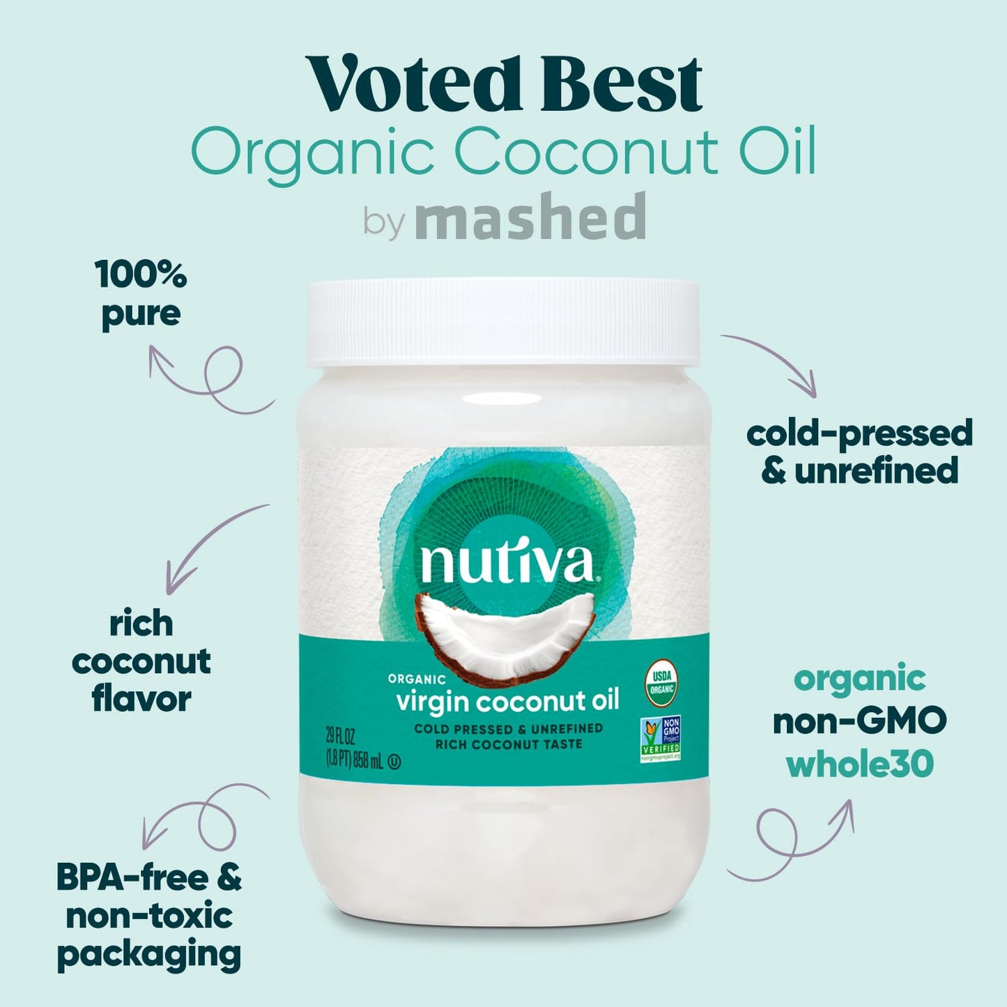 Nutiva Organic Coconut Oil 29 fl oz, Cold-Pressed, Fresh Flavor for Cooking Oil, Natural Hair Oil, Skin Oil, Massage Oil and, No