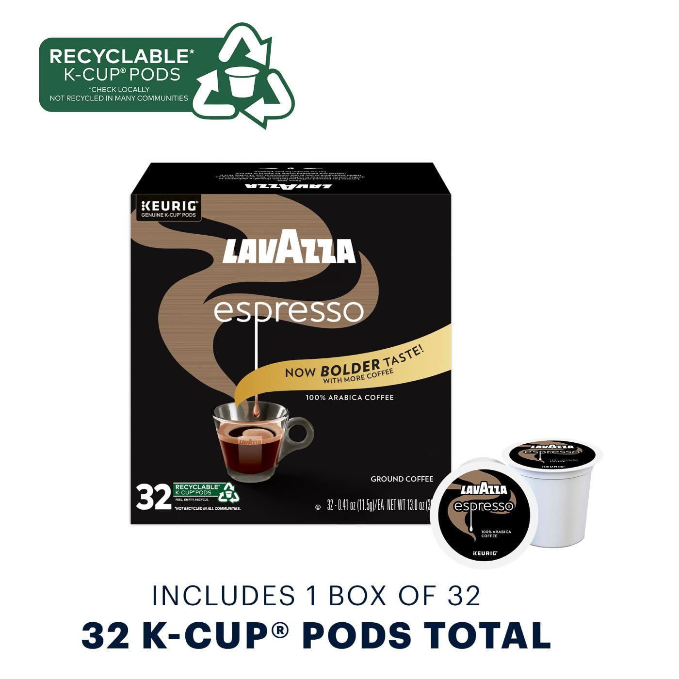 Lavazza Espresso Italiano Single Serve Coffee K-Cup Pods For Keurig Brewer, 32Count, 100% Arabica, Medium Roast With Intense, Ar