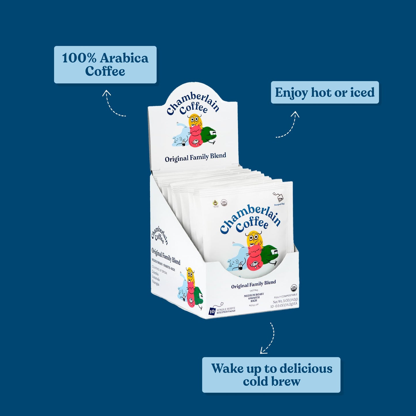 Chamberlain Coffee The Original Family Blend Cold Brew Singles - Medium Roast Organic Coffee Single Serve Bags With Notes Of Rich Milk Chocolate, Almond & Black Cherry - 10 Single Serve Cold Brew Sachets