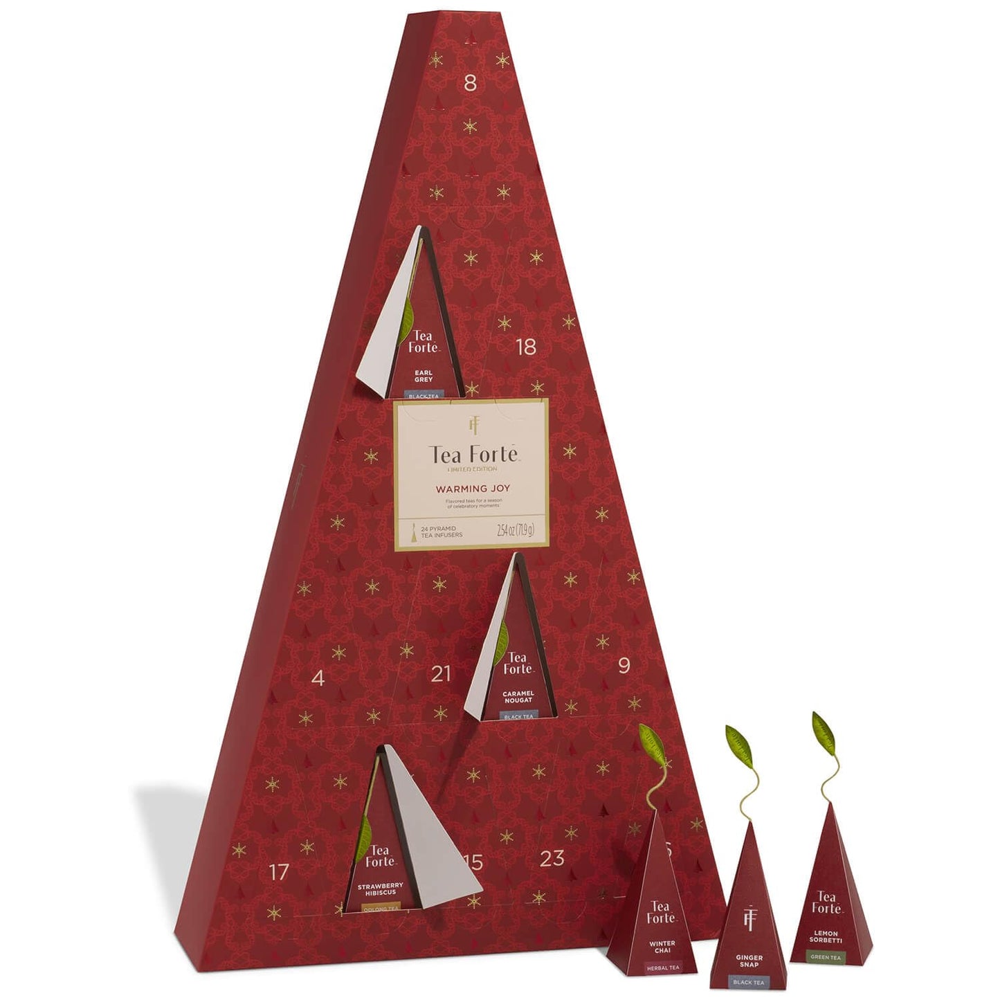 Tea Forte Tea Advent Calendar Gift Set; 24 Individually Wrapped Handcrafted Assorted Pyramid Infuser Tea Bags With Numbered Doors, Warming Joy
