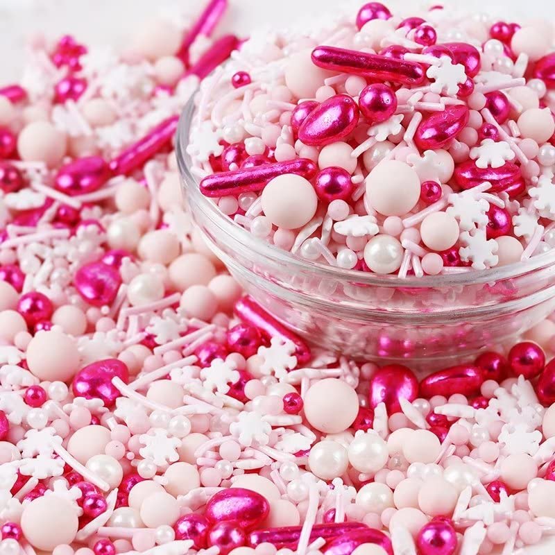 Pink Sprinkles for Cake Decorating 7oz - Snowflake Sprinkles - Metallic Sprinkle Mix for Cookies, Ice Cream, Cupcakes Topper - R