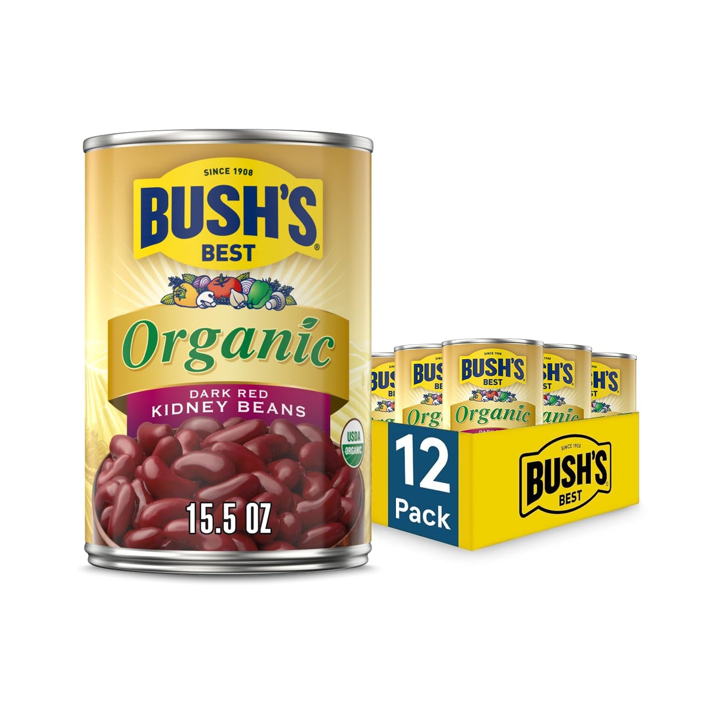 BUSH S BEST 15 oz Canned Organic Dark Red Kidney Beans, Source of Plant Based Protein and Fiber, Low Fat, Gluten Free, (Pack of