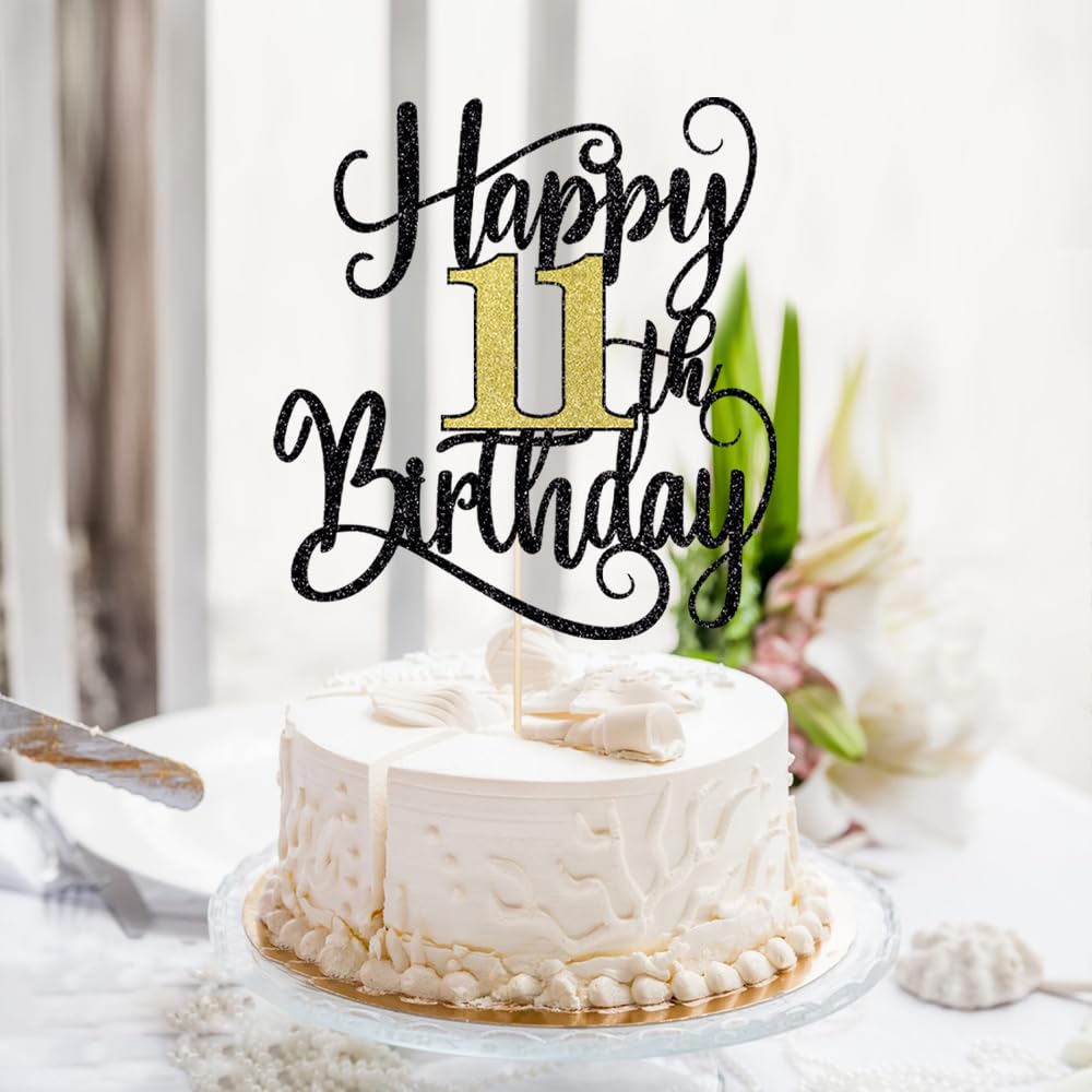Happy 11Th Birthday Cake Topper, 11 Birthday Party Cake Decorations (Black And Gold Flashes, 11Th)
