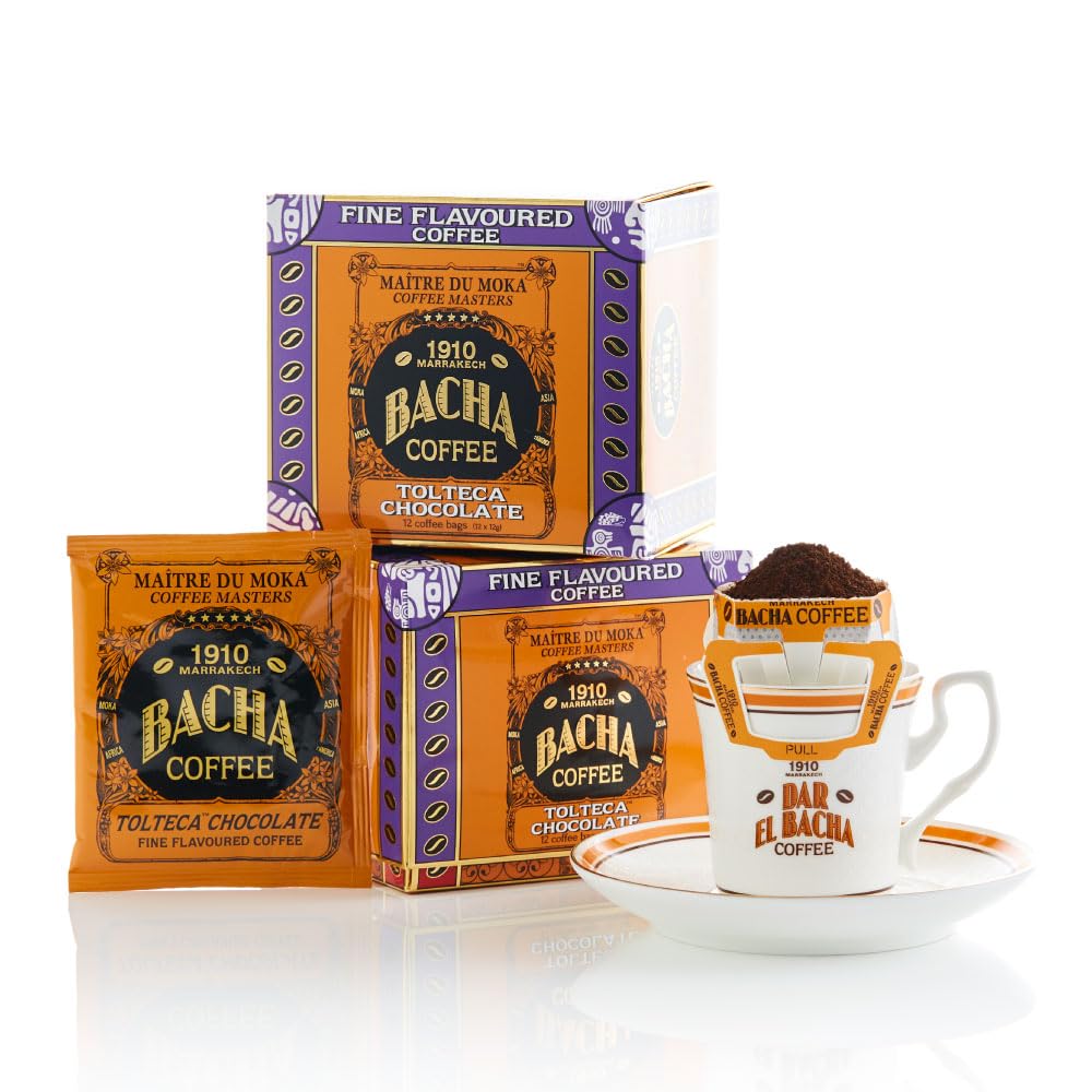 Bacha Coffee | Tolteca Chocolate Fine Flavoured, Medium Roast, 12 * 12g Individually Wrapped 100% Arabica Single Serve Filter Ba