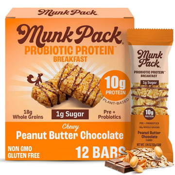 Munk Pack Probiotic Protein Breakfast Bars - 10g Plant Protein  1g Sugar  6g Fiber - For mature-themeds & Kids  Low Sugar Snack  Gluten-Free  Diabetic-Friendly  Non-GMO  Peanut Butter - 12 Pack