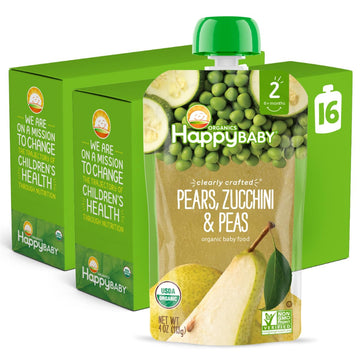 Happy Baby Organics Clearly Crafted Stage 2 Baby Food, Pears, Zucchini & Peas, 4 Ounce Pouch (Pack Of 16)