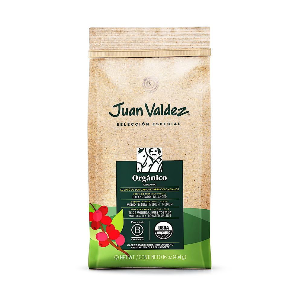 Juan Valdez Organic Whole Bean Coffee - Balanced Roast, 100% Colombian Arabica Beans, 16 oz / 454 gr