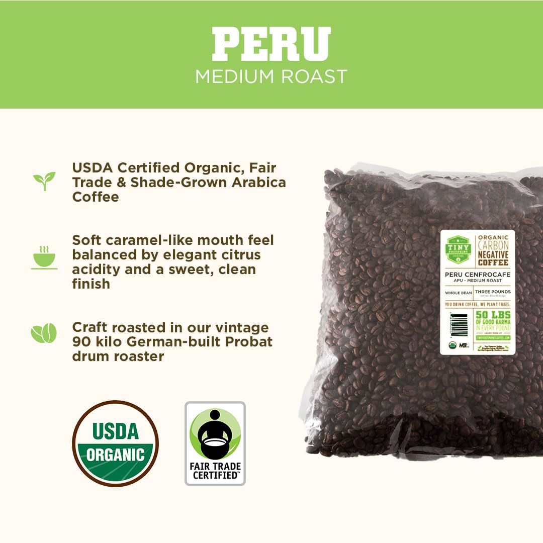 Tiny Footprint Coffee Fair Trade Organic Peru APU Medium Roast Whole Bean Coffee 48 Ounce
