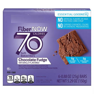 Fiber Now 70 Calorie Chocolate Fudge Cake Bars, 6 ct On the Go Low Carb (5g Net) Snack Snacking Food Treat, Millville 5.29oz Box