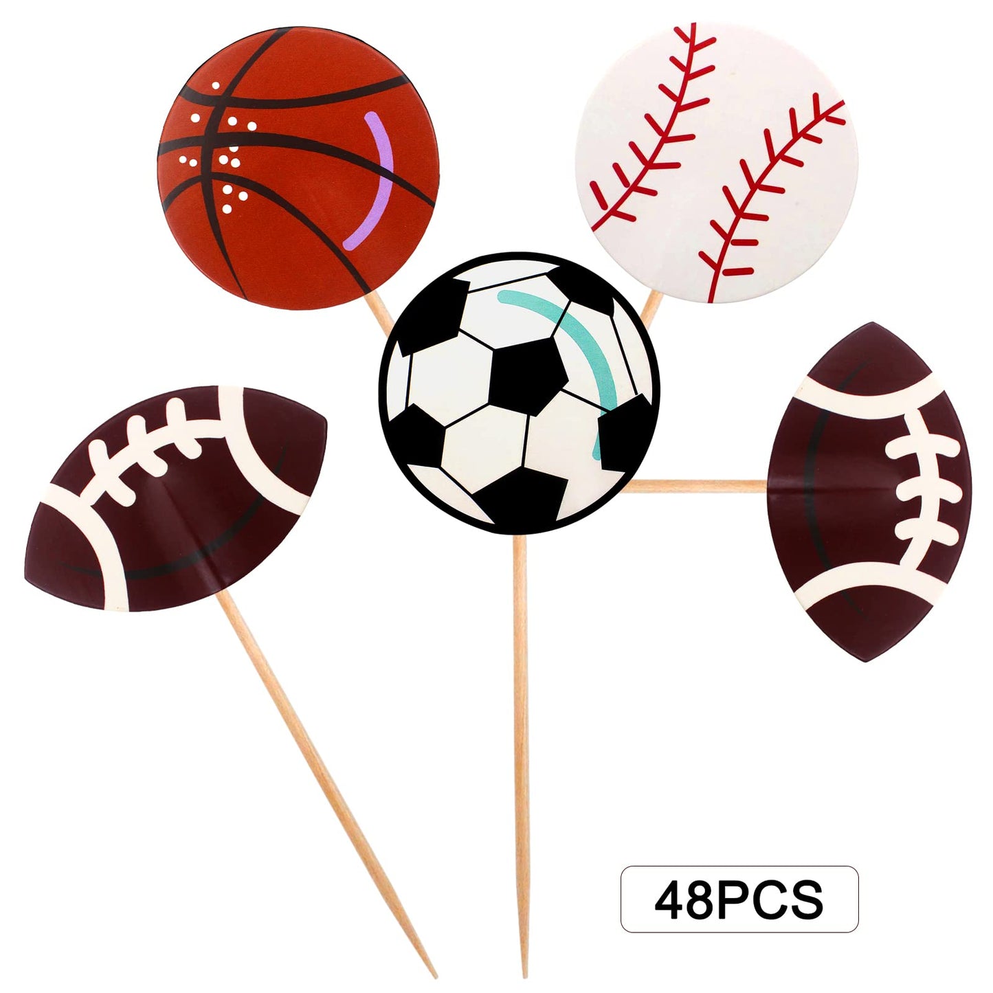BLUE TOP Sports Ball Cupcake Toppers, 48 Pcs, 4.5 Inch, Paper Picks for Football, Baseball, Basketball, Rugby, Olympics Party Decor