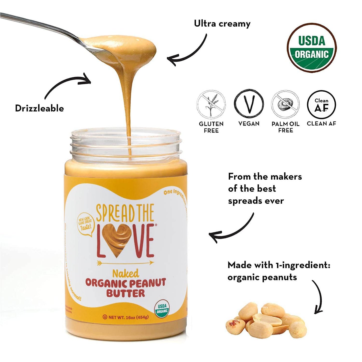 Spread The Love Organic Peanut Butter, Vegan, Gluten-Free, Creamy, 16oz (Pack of 6)